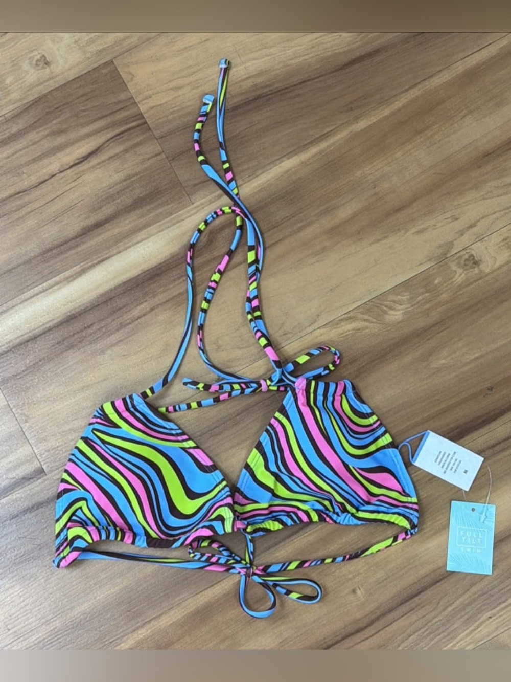 Full Tilt Neon Zebra Stripe Triangle Bikini Top - Blue, Pink, Yellow, Black - M